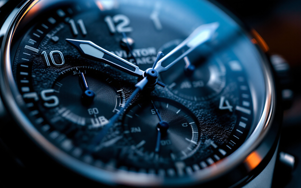 Gros plan sur le cadran d'une horloge aviateur, mettant en évidence les détails complexes du cadran et des aiguilles, avec des tons sombres rehaussés de nuances argentées et bleues.