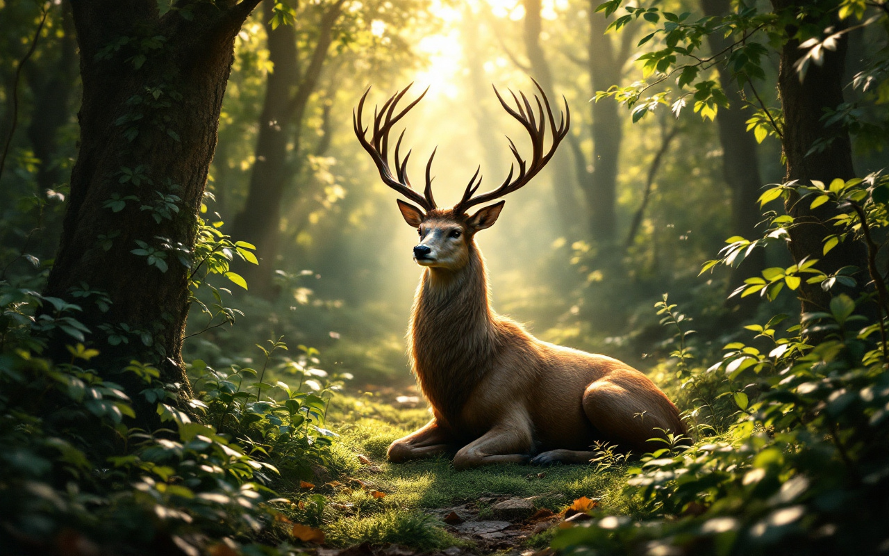 Image d'un talisman en forme de cerf, élégant et protecteur, entouré de feuillage forestier luxuriant et de lumière douce filtrée par les arbres.