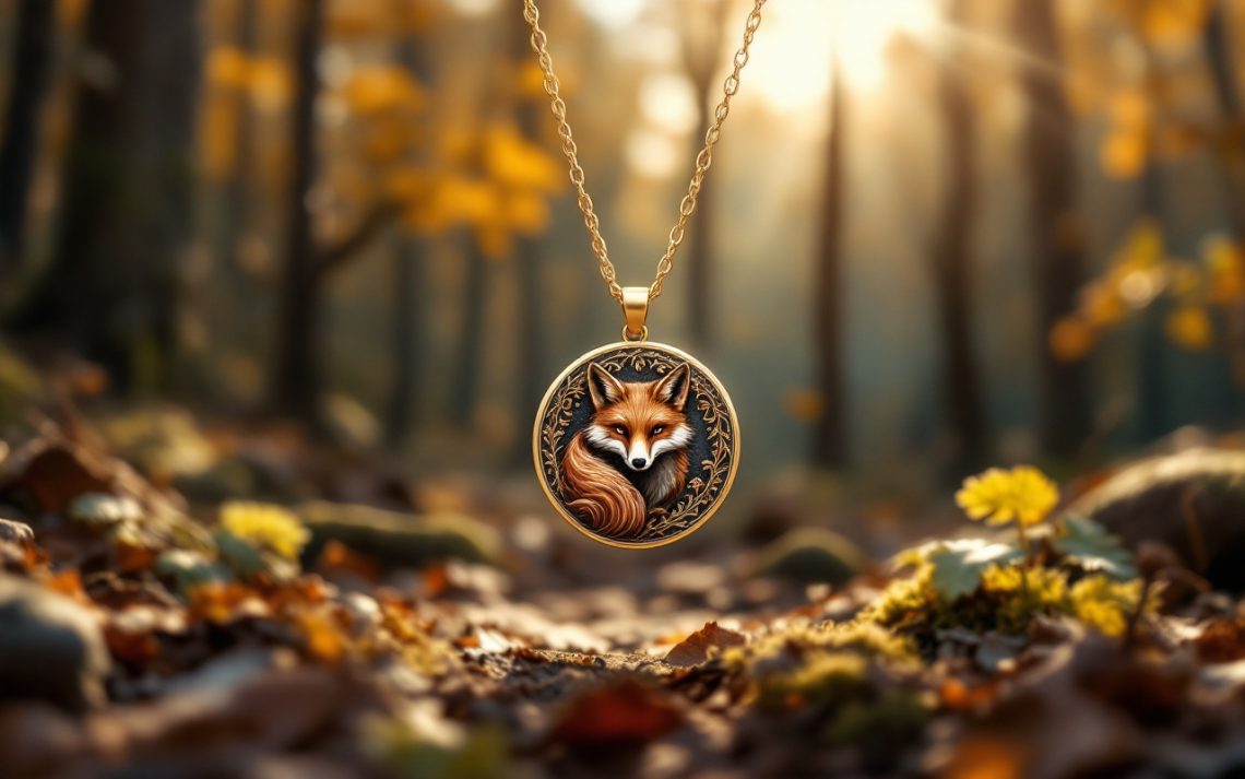 un-collier-en-forme-de-renard-avec-un-design-elegant-suspendu-dans-un-environnement-forestier-baigne-par-la-lumiere-douce-du-soleil