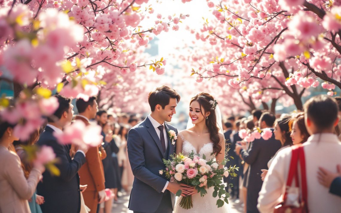 une-charmante-procession-de-mariage-sous-des-cerisiers-en-fleurs-avec-des-invitees-souriant-et-des-petales-roses-tombant-delicatement