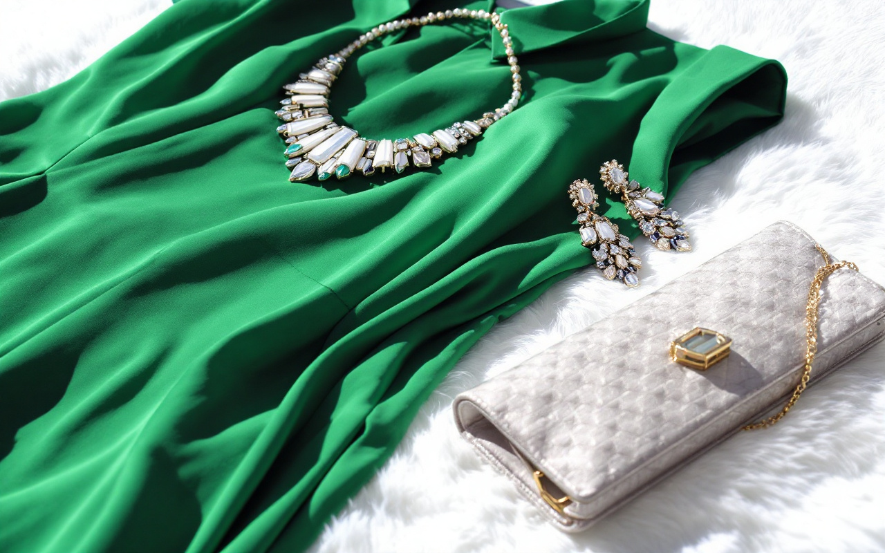 Une photo illustrant des accessoires élégants pour une robe verte, incluant un collier statement, des boucles d'oreilles délicates et une pochette chic, disposés sur une surface blanche.