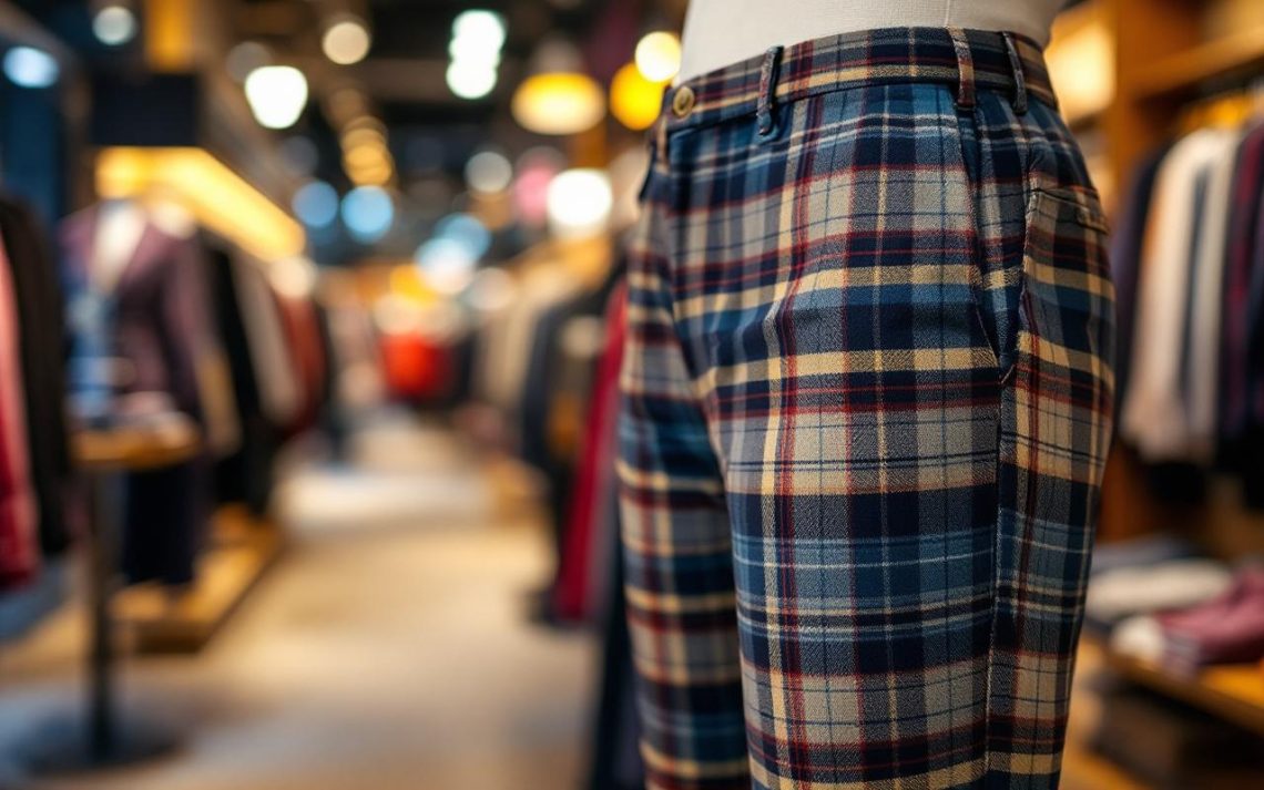 image-dun-mannequin-portant-un-pantalon-a-carreaux-dans-un-magasin-de-vetements-mettant-en-valeur-le-tissu-et-lambiance-du-magasin
