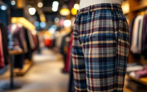 image-dun-mannequin-portant-un-pantalon-a-carreaux-dans-un-magasin-de-vetements-mettant-en-valeur-le-tissu-et-lambiance-du-magasin