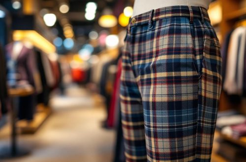 image-dun-mannequin-portant-un-pantalon-a-carreaux-dans-un-magasin-de-vetements-mettant-en-valeur-le-tissu-et-lambiance-du-magasin