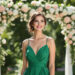 une-invitee-a-un-mariage-porte-une-robe-verte-elegante-debout-dans-un-cadre-exterieur-entouree-de-decorations-florales-douces-baignee-par-la-lumiere-du-soleil-a-travers-les-arbres