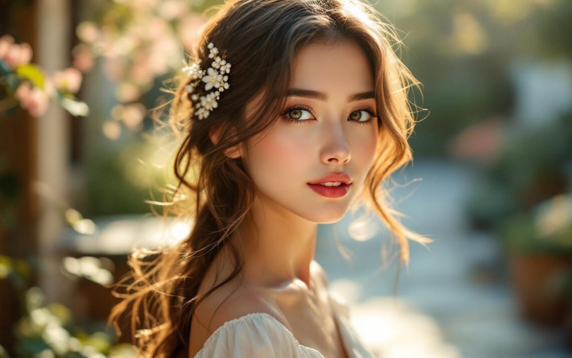 portrait-naturel-dune-femme-portant-une-barrette-florale-ornee-de-perles-cheveux-ondules-maquillage-leger-debout-sur-une-terrasse-de-jardin-avec-feuillage-et-elements-en-pierre-en-arriere-pla