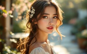 portrait-naturel-dune-femme-portant-une-barrette-florale-ornee-de-perles-cheveux-ondules-maquillage-leger-debout-sur-une-terrasse-de-jardin-avec-feuillage-et-elements-en-pierre-en-arriere-pla