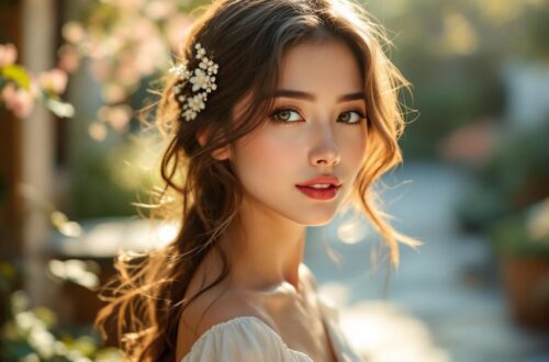 portrait-naturel-dune-femme-portant-une-barrette-florale-ornee-de-perles-cheveux-ondules-maquillage-leger-debout-sur-une-terrasse-de-jardin-avec-feuillage-et-elements-en-pierre-en-arriere-pla