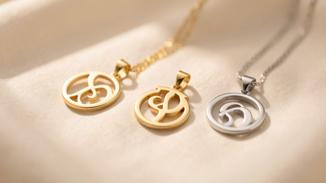 Pendentifs symboliques élégants en or et argent posés sur un tissu clair, avec une ambiance douce et raffinée.
