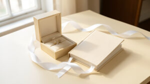 Coffret de baptême élégant accompagné d’un bijou, d’un livre souvenir vierge et d’un ruban blanc sur une table lumineuse.