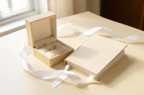 Coffret de baptême élégant accompagné d’un bijou, d’un livre souvenir vierge et d’un ruban blanc sur une table lumineuse.