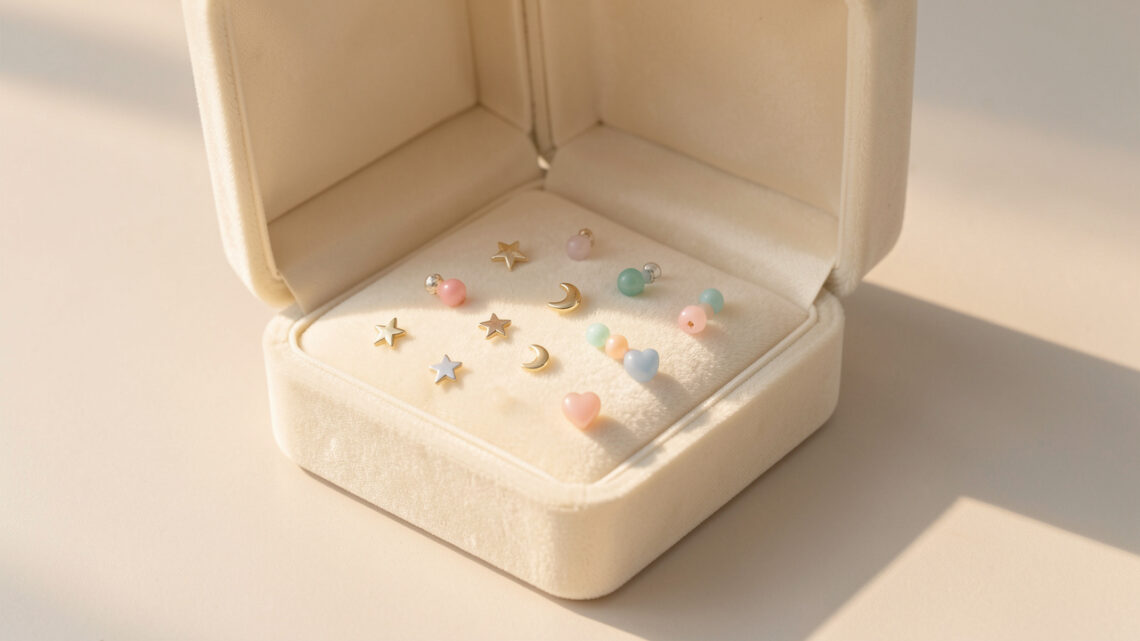 Écrin élégant ouvert contenant plusieurs bijoux délicats et symboliques pour enfant, disposés sur un velours ivoire dans une ambiance douce et lumineuse.