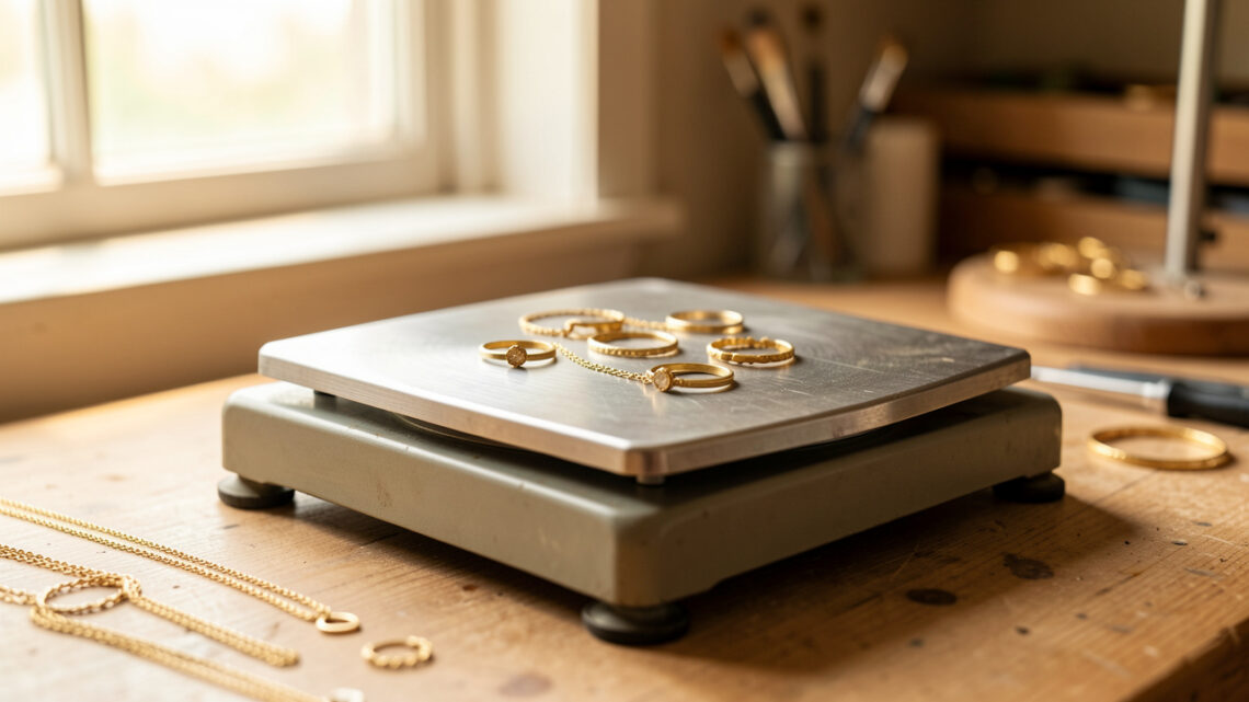Bijoux anciens en or, notamment des bagues et des chaînes, posés sur une balance de précision dans un atelier lumineux et rassurant.
