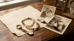 Bague ancienne, collier de perles et montre vintage disposés sur un bureau en bois près de papier ancien vierge et de photographies de famille sépia, baignés d’une lumière douce.