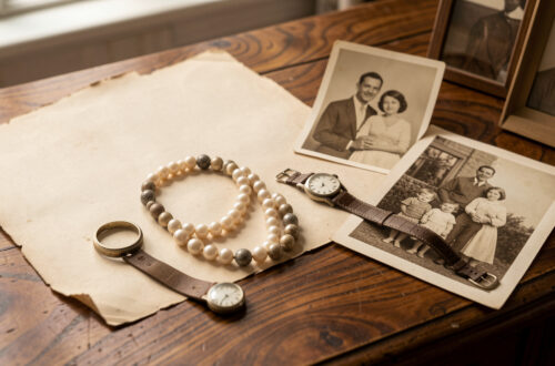 Bague ancienne, collier de perles et montre vintage disposés sur un bureau en bois près de papier ancien vierge et de photographies de famille sépia, baignés d’une lumière douce.