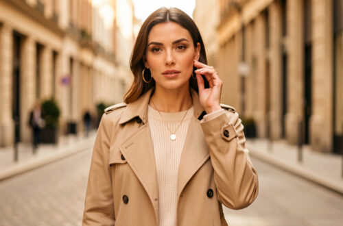 Femme portant un trench beige ouvert sur un pull fin écru, avec des créoles dorées et un délicat collier pendentif, photographiée dans une douce lumière d’automne.