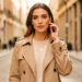 Femme portant un trench beige ouvert sur un pull fin écru, avec des créoles dorées et un délicat collier pendentif, photographiée dans une douce lumière d’automne.