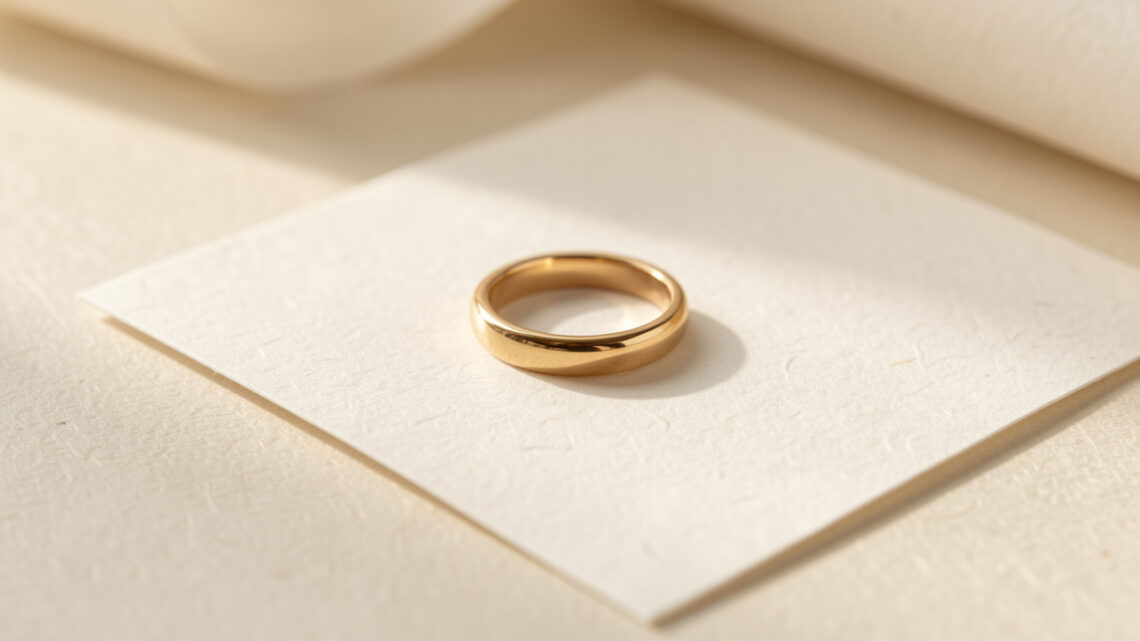 Bague en or éthique posée sur un certificat de traçabilité vierge, éclairée par une douce lumière naturelle dans un style éditorial haut de gamme.