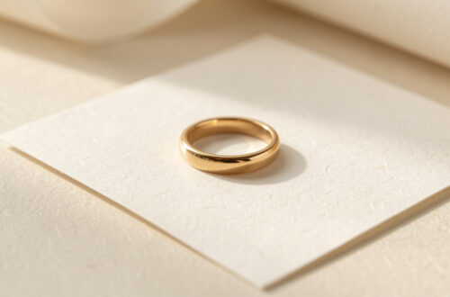 Bague en or éthique posée sur un certificat de traçabilité vierge, éclairée par une douce lumière naturelle dans un style éditorial haut de gamme.