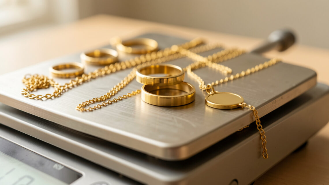 Gros plan réaliste de plusieurs bijoux en or posés sur une balance de précision, éclairés par une lumière naturelle douce dans une ambiance élégante et rassurante.