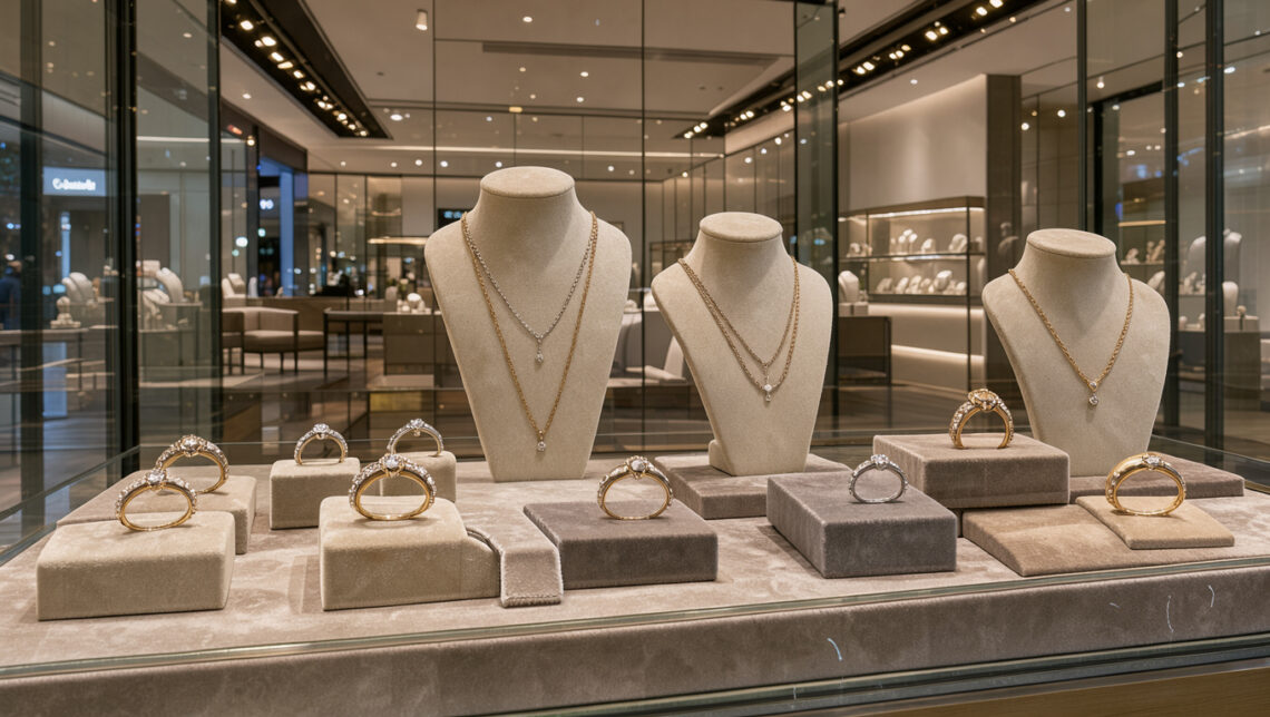 Vitrine lumineuse d’une bijouterie moderne présentant des bagues et des colliers élégamment disposés dans une galerie commerciale à Cherbourg.