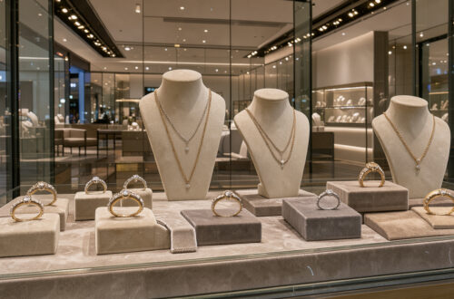 Vitrine lumineuse d’une bijouterie moderne présentant des bagues et des colliers élégamment disposés dans une galerie commerciale à Cherbourg.